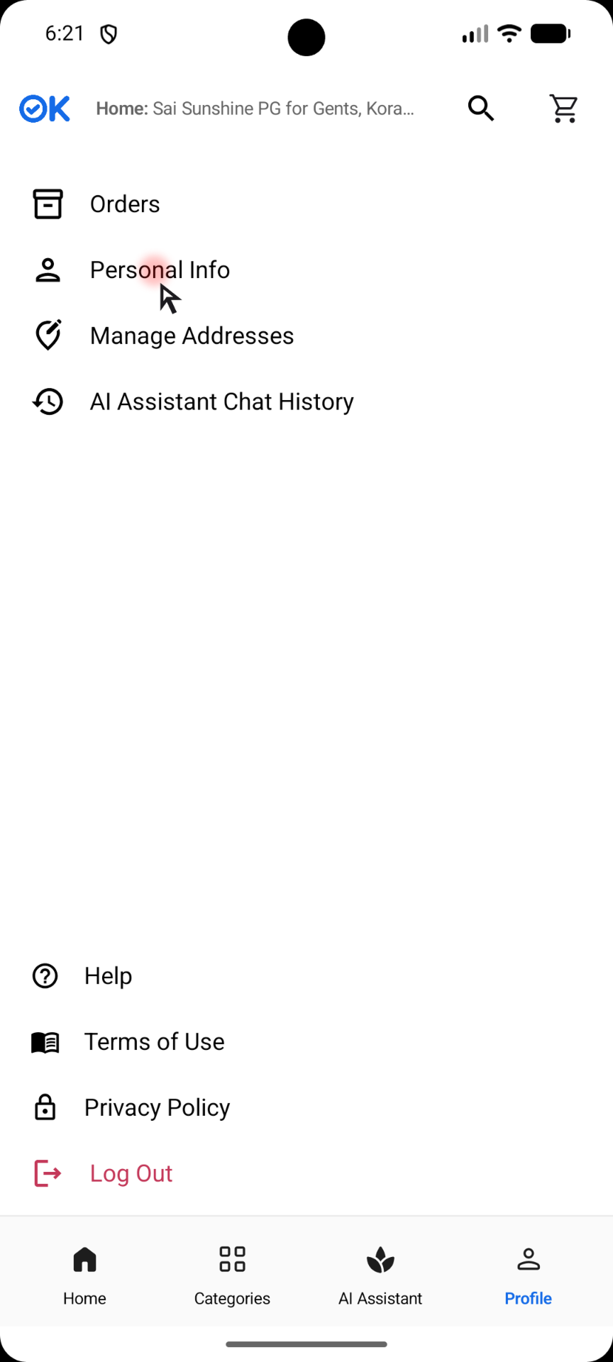 OK App profile menu showing Personal Info option