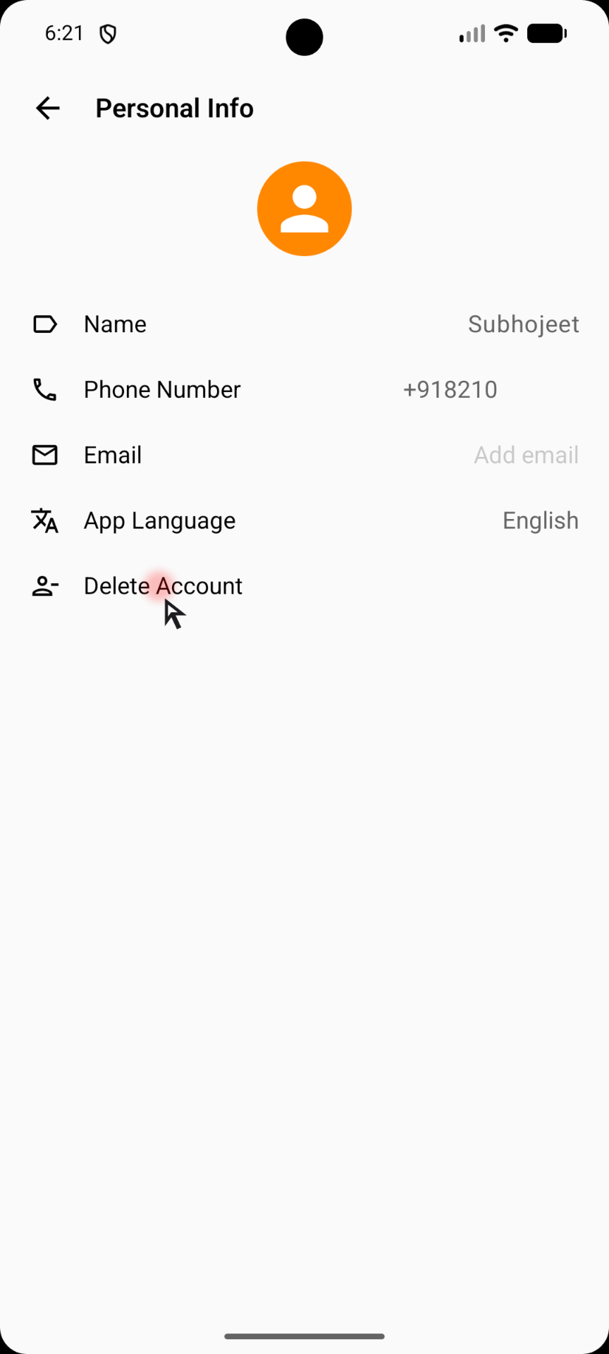 OK App Personal Info screen with Delete Account option