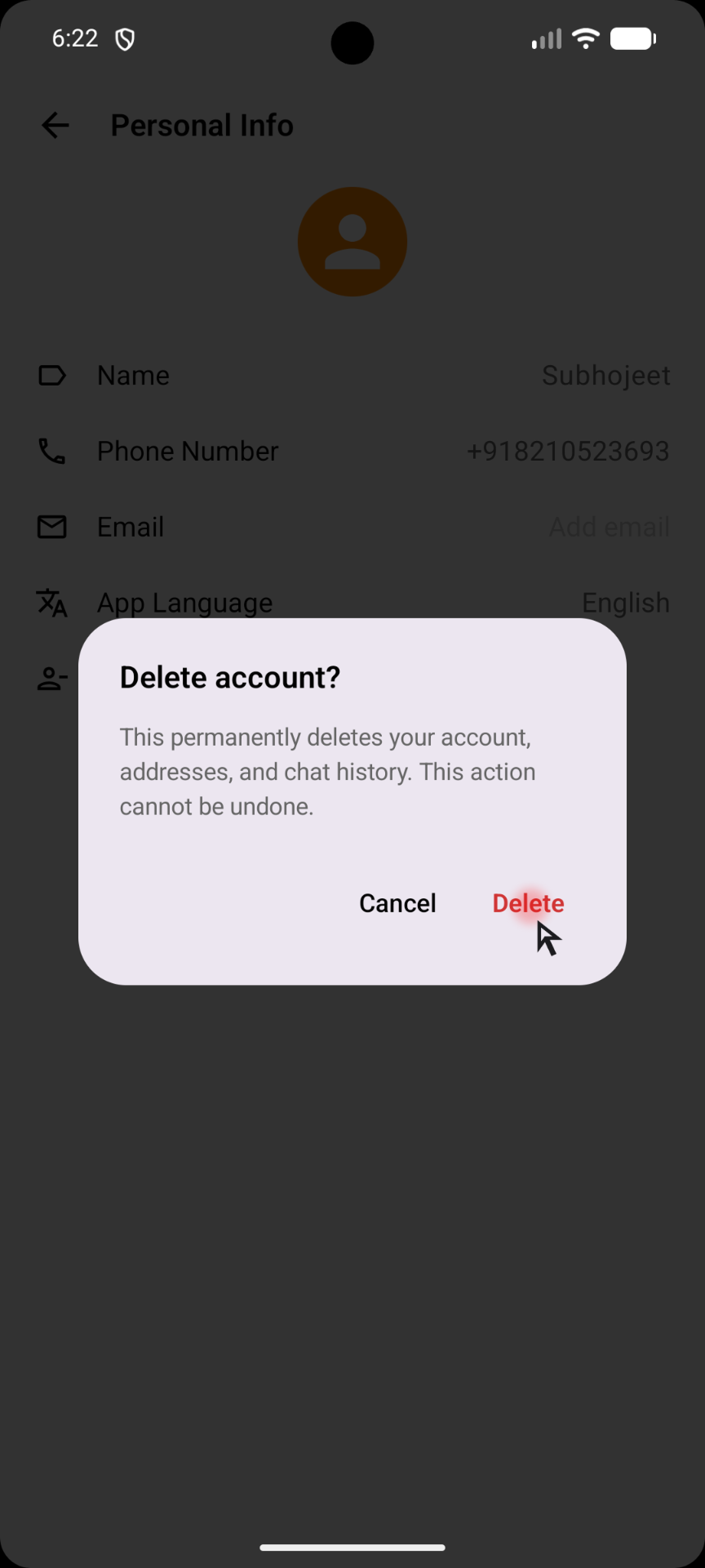 OK App delete account confirmation dialog